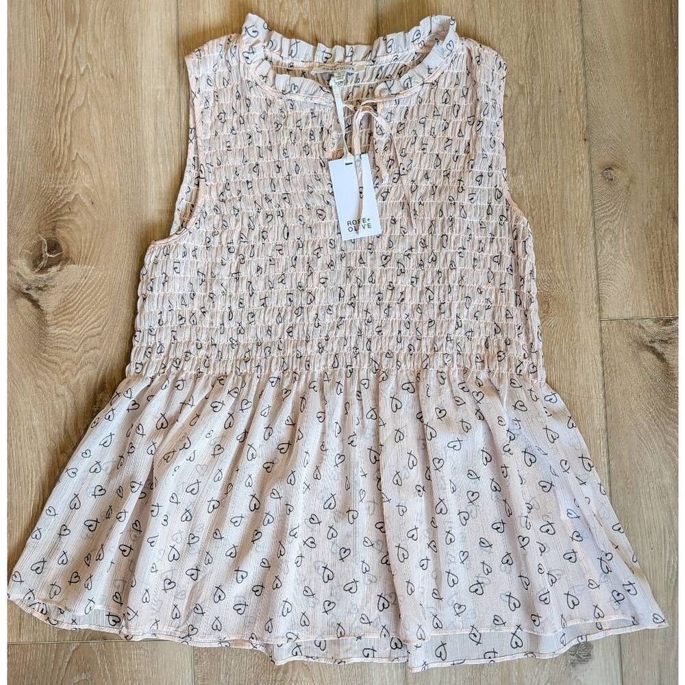 Rose & Olive Smocked Peplum Top XL Pink Hearts Gold Thread Sheer NWT Coquette